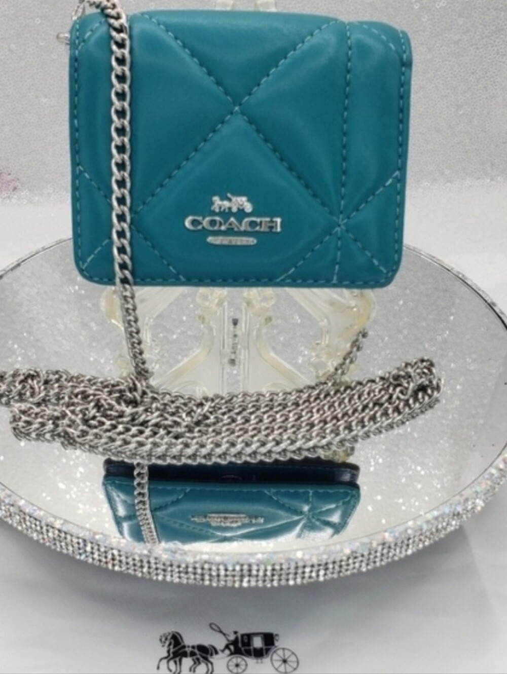 Coach Mini Wallet On A Chain Leather Puffy Diamond Quilting Teal & Silvetone